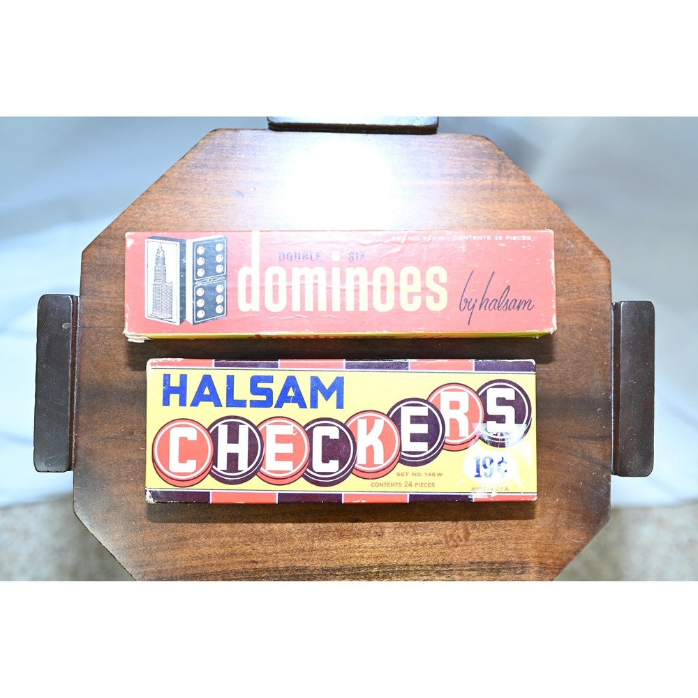 Vintage Halsam Double Six Dominoes 695-W and Checkers 145W Game Set Lot